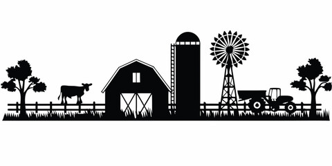 Black and white farm scene depicting a barn silo and windmill © Anik