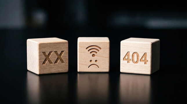 Wooden blocks showing error symbols xx, no wifi connection with sad face, and 404 error code on dark background