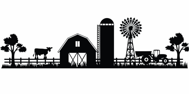 Black and white farm scene depicting a barn silo and windmill