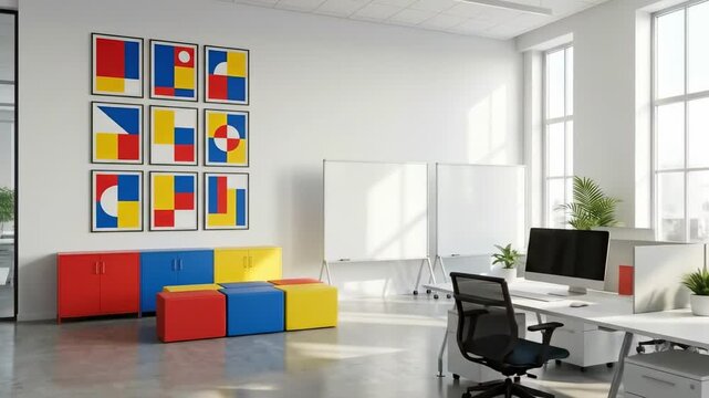 work office wall art. A bright, modern office space featuring colorful geometric artwork on the wall, vibrant furniture pieces, large windows, and clean white walls that invite creativity