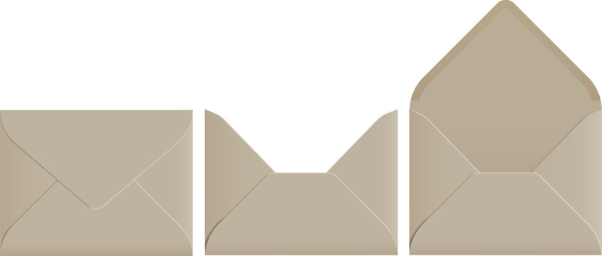 Realistic paper envelope, set of open, closed, half envelope