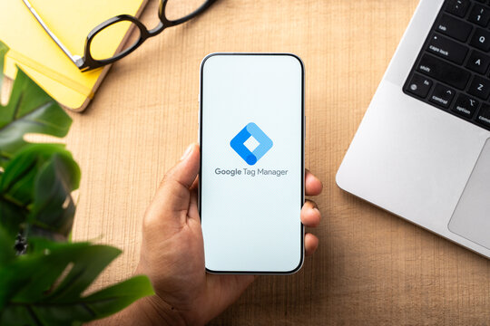 Google Tag Manager logo is displayed on the screen of a smartphone, in Bangalore, India, on February 28, 2026
