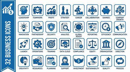 Business Icons Vector Set | Leadership, Teamwork, Profit, Strategy, Growth, Collaboration, Accounting, Global, Presentation, Email, Calendar, Report, Workflow, Statistics, Talent, Conference