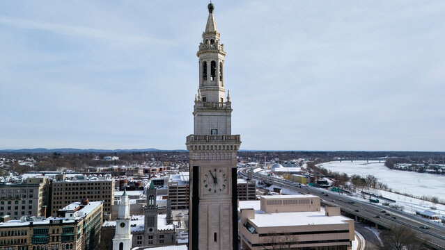 Aerial view of Springfield Massachusetts skyline with historic tower