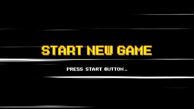 START NEW GAME. press start button. Retro Futurism Sci-Fi Background. glowing neon grid and stars.