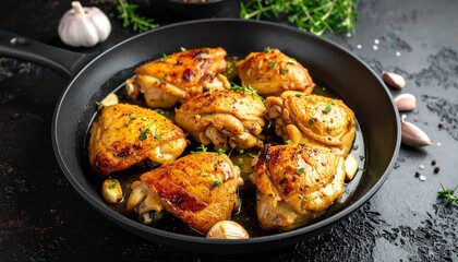 Deliciously browned chicken thighs sizzling in a black skillet with garlic and herbs, creating a mouthwatering and savory meal