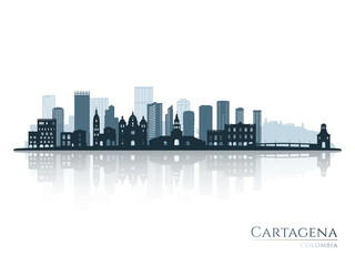 Obraz premium Cartagena skyline silhouette with reflection. Landscape Cartagena, Colombia. Vector illustration.
