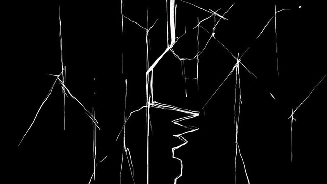 Vertical white thin crack lines on black screen. Stock animation of drawing damage in 4K resolution.