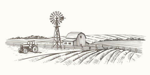 Vintage farm scene with a windmill barn and tractor in a field © Anik