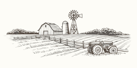 Vintage farm scene featuring a barn windmill and classic tractor illustration © Anik