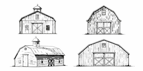 Sketch of four rustic barns with varying architectural details © Anik