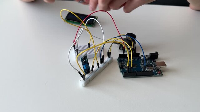 Young caucasian child with light skin connecting wires and electronic modules on a breadboard linked to a microcontroller, learning programming and circuit design during STEM electronics classes.