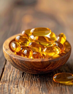 Omega 3 gel pills in small wooden bowl, golden fish oil capsules, health care and wellness concept.