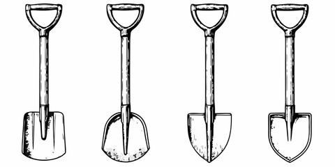 Four vintage style garden shovels in a simple black and white illustration © Anik