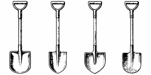 Four vintage shovels depicted in a simple black and white illustration © Anik
