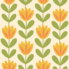 Mid Mod tulip flowers seamless pattern on geometric vines in mustard yellow, orange with green leaves on beige background. For wallpaper, fabric, textile and retro backgrounds © yasminepatterns