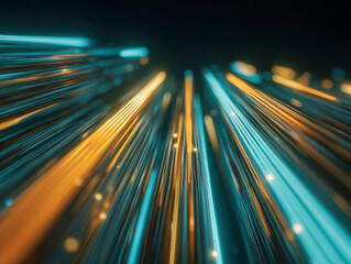 Fototapeta premium Futuristic abstract digital lines in vibrant blue and orange colors creating a dynamic high-speed data flow effect with glowing light trails in dark space
