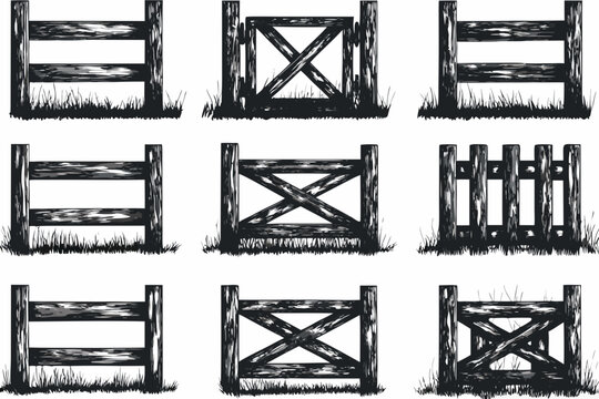 A collection of rustic wooden fence gates in a grid pattern