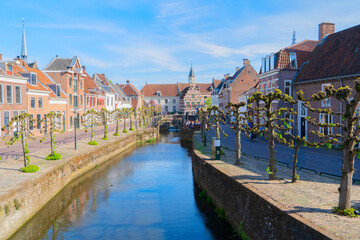 Fototapeta premium Facades of old historic Houses and trees over canal water, Amersfoort, Netherlands