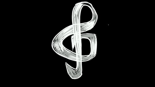 Self drawing treble clef with white strokes on black screen. Dynamic musical doodle animation effect.