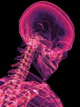 Pink glowing human skull and spine skeleton anatomy rendered on a dark black background.