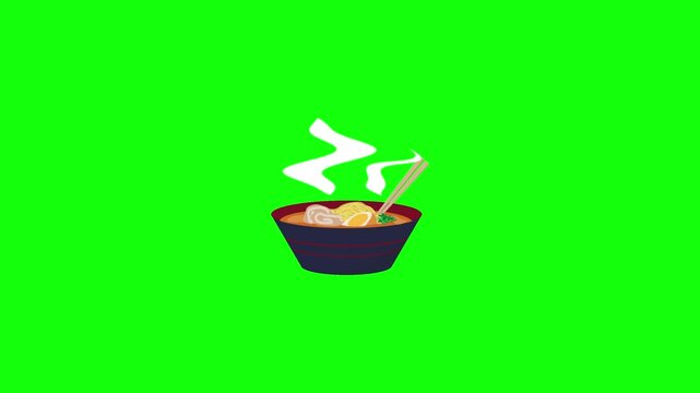 Looping 2D animation of a cartoon ramen bowl &mdash; noodles, egg slice, pork belly, and green garnish inside a dark blue bowl with red stripes, centered on bright green chroma key background.