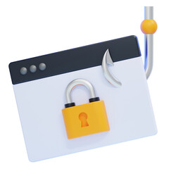 PNG 3D Phishing Attack with Hook and Padlock on Browser Window Icon Isolated on a Transparent Background