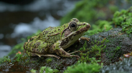 Obraz premium Green frog resting on mossy rocks near a stream in nature