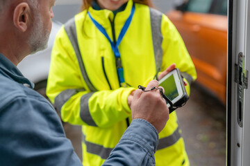 Delivery worker obtains signature from customer in bright safety gear in a residential area © Iryna