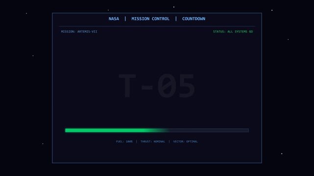 T-05 countdown timer with loading bar on dark interface. Digital display with Mission Control and Countdown labels. Futuristic technology concept.