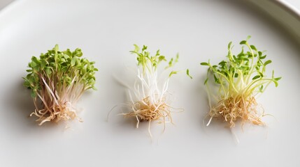 Fototapeta premium Different growth stages of sprouts on a white plate in a kitchen setting