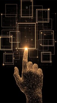 Glowing digital hand touching futuristic interface screen with bright square panels