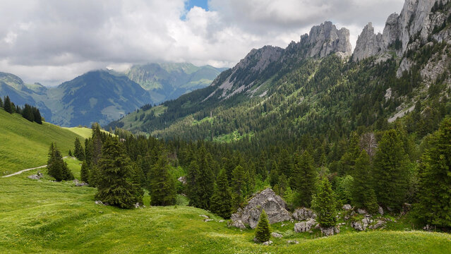 Drone view, aerial of hiking path in mountains in Switzerland, path towards soldatenhaus, Gastlosen mountain. Beautiful alpine nature, landscape. Tranquility, pure pine tree forest. Tranquility.