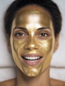 Beautiful woman with shiny gold peel off face mask opening her eyes and smiling softly