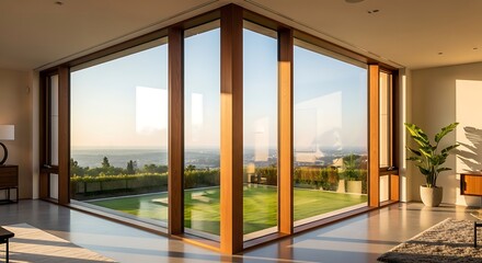 Fototapeta premium Modern living room with large windows overlooking a scenic landscape view