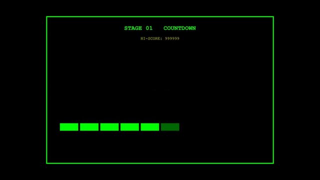 Retro green digital loading bar with 'STAGE 01 COUNTDOWN' and 'LOADING...' text on black screen