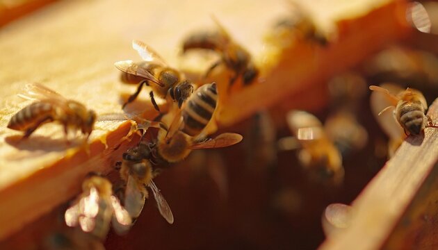 Bees swarming on honeycomb, extreme macro footage. Insects working in wooden beehive 9