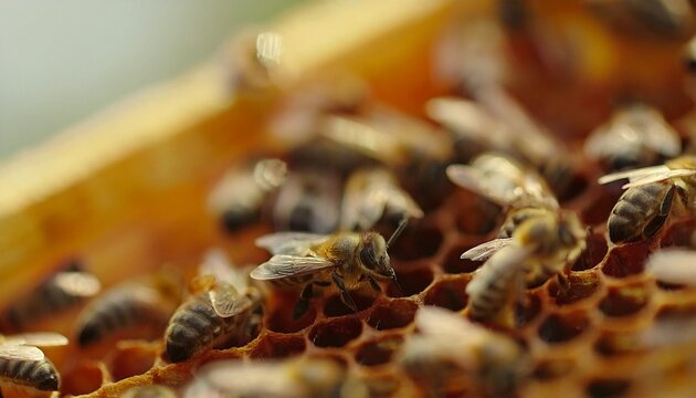 Bees swarming on honeycomb, extreme macro footage. Insects working in wooden beehive 8