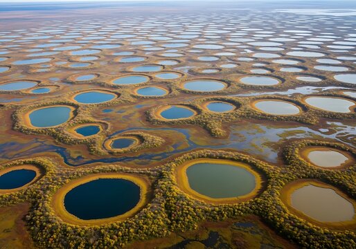 Aerial View of Circular Thermokarst Lakes in Arctic Tundra