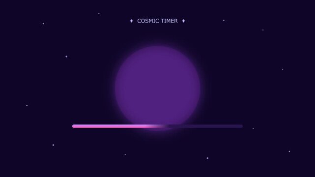 Cosmic Timer loading bar animation with purple planet and stars on dark background. Animated progress bar for technology, science, and space themes.