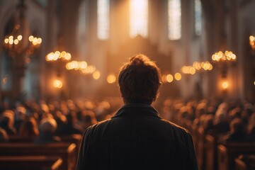 Fototapeta premium Rear view of a man standing inside a large church during Sunday worship service