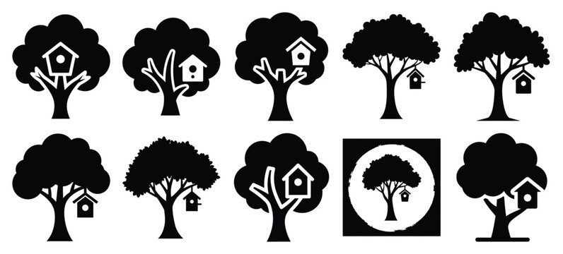 silhouette nature birdhouse tree drawing icons and set of graphics nature elements