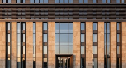 Obraz premium The grand facade of a historic building with large windows and intricate architectural details.