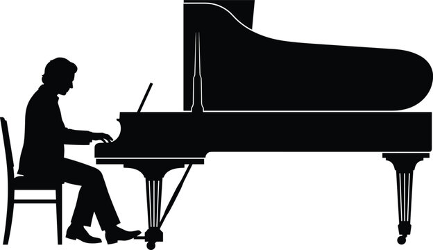 Grand piano player silhouette performing classical music, elegant musician seated at keyboard, black vector illustration isolated on white background for concert and recital design