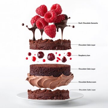 Exploded Chocolate Raspberry Layer Cake with Dark Ganache and Buttercream, Dessert Recipe Concept, Bakery Menu Design, Pastry Tutorial Illustration, Gourmet Food Advertising