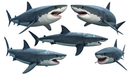 Fototapeta premium Megalodon shark illustrated from different angles, isolated on a transparent background, perfect for prehistoric, marine life, ocean, wildlife, and educational designs.