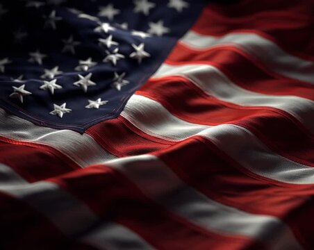 Close up macro of rippling United States of America flag waving in dark shadows