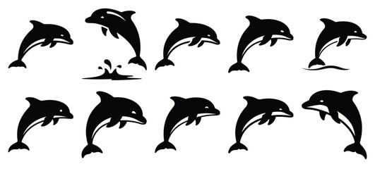 silhouette nature dolphin jump drawing icons and set of graphics nature elements © Bipul