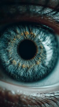 Extreme macro close up of a human eye with blue iris and golden brown inner ring