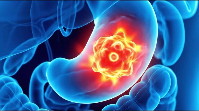 3d render of human stomach displaying a glowing cancerous tumor, suitable for medical research, health awareness, scientific presentation, anatomy education, and disease illustration.